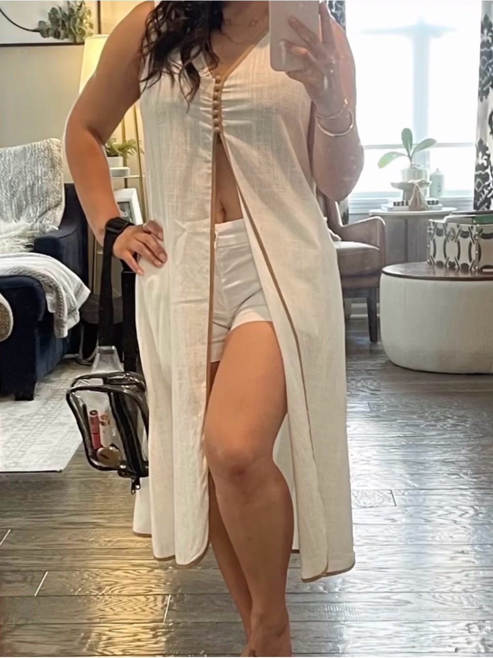 SHEIN Cream Button-Front Sleeveless Long Split Tunic